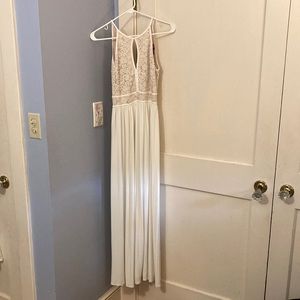 White maxi dress. Key hole front. Lace nude sparkle detail